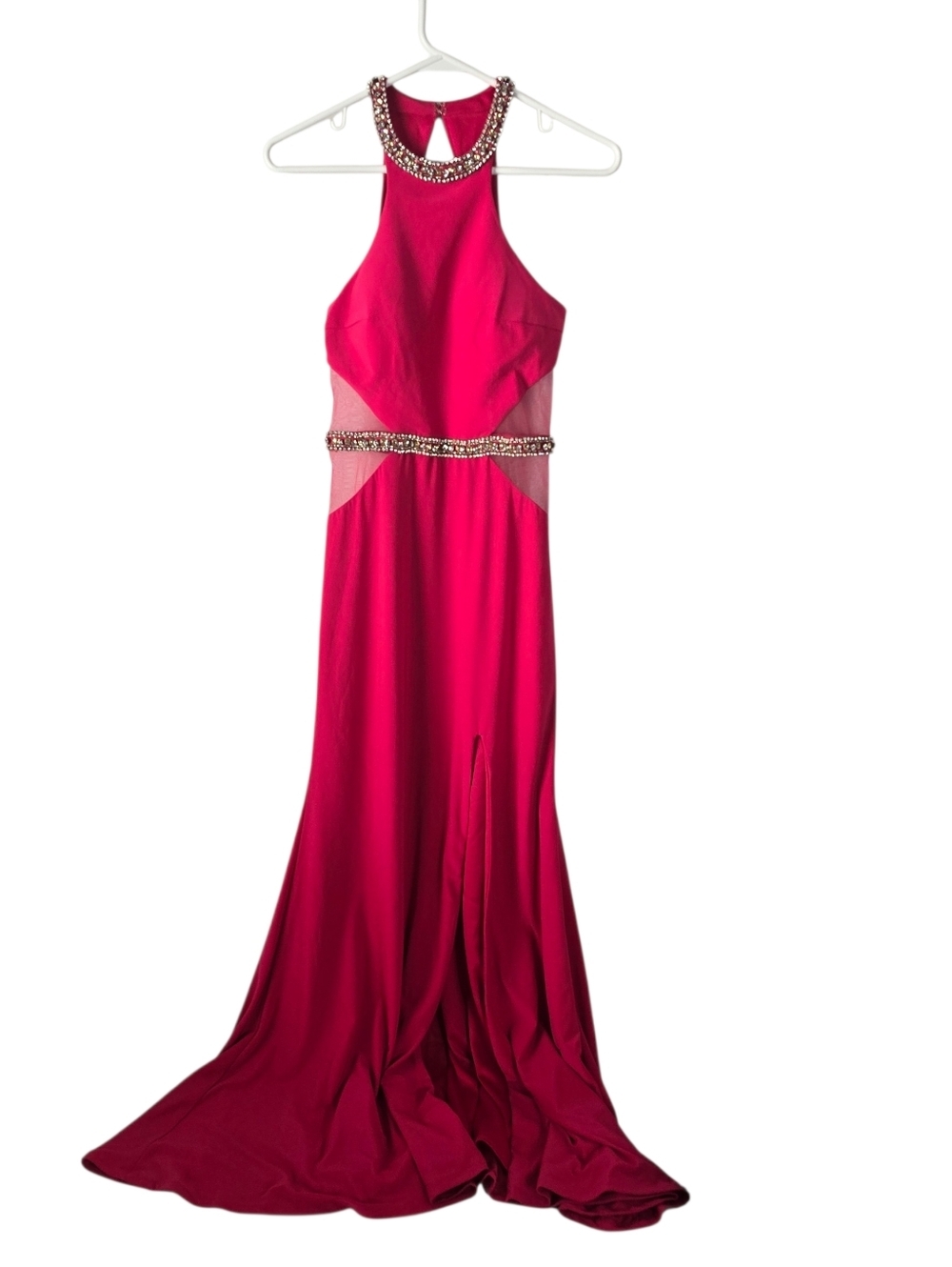 Clarisse Hot Pink Halter Neck Bejeweled Formal Gown 2 Side Slit Mesh Cutout